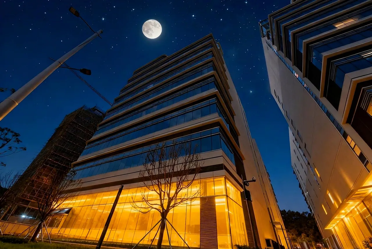 KELIER headquarters at night — moonlit glass tower at the Bay Area Future Technology Park, Shenzhen