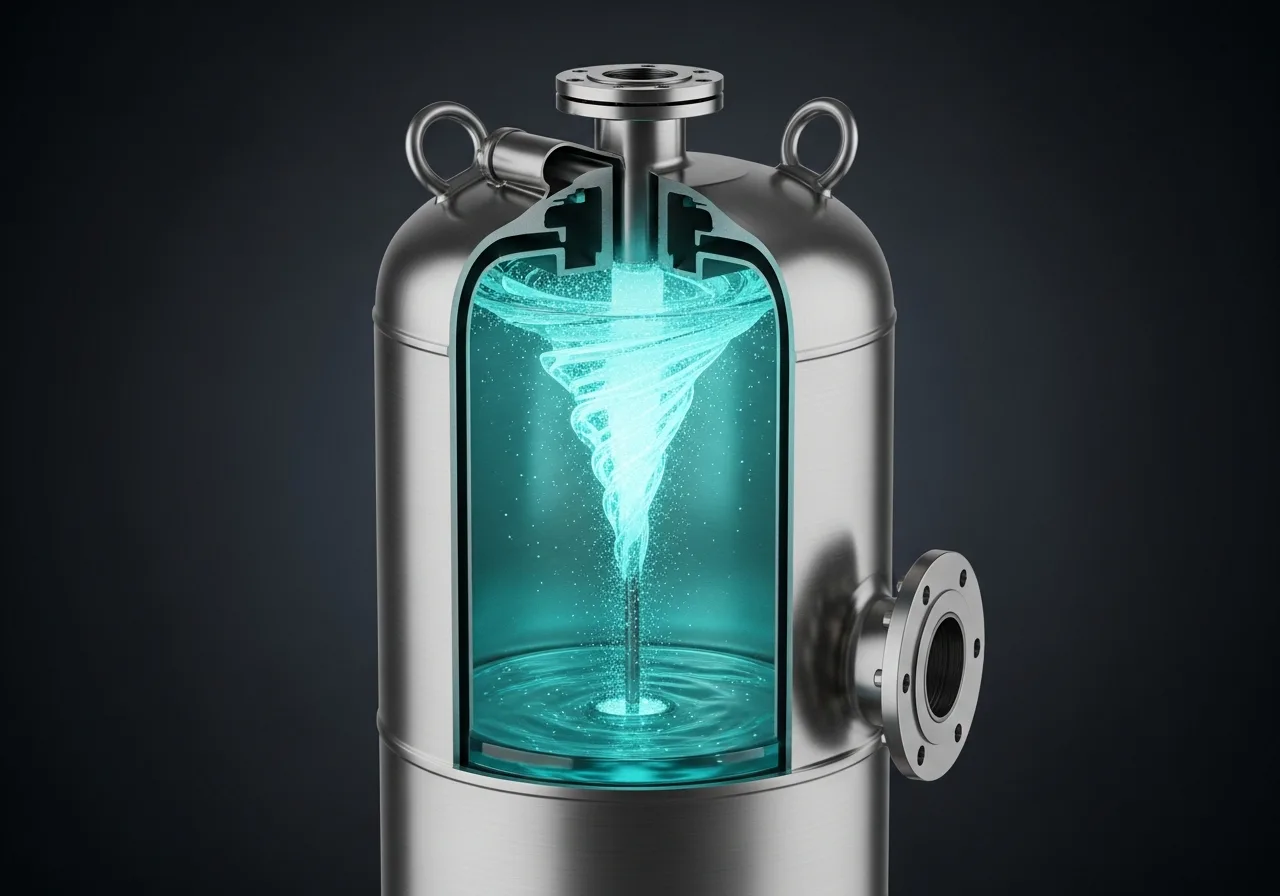 Cutaway technical illustration of the CDFU cyclonic flotation tank showing tangential inlet, microbubble field, cyclonic flow, oil collection cylinder and treated water outlet