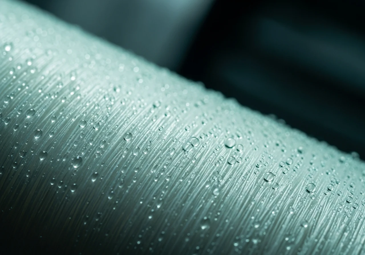 Close-up of KHC super-oleophilic coalescing fiber media showing oil droplet capture, wetting, coalescence and release mechanism