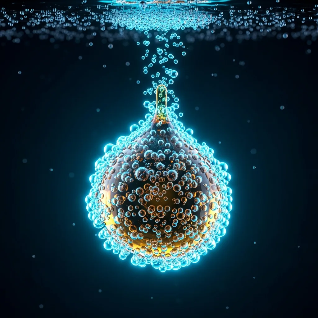Illustration of 5–30 micron micro and nano bubbles attaching to an emulsified oil droplet for flotation