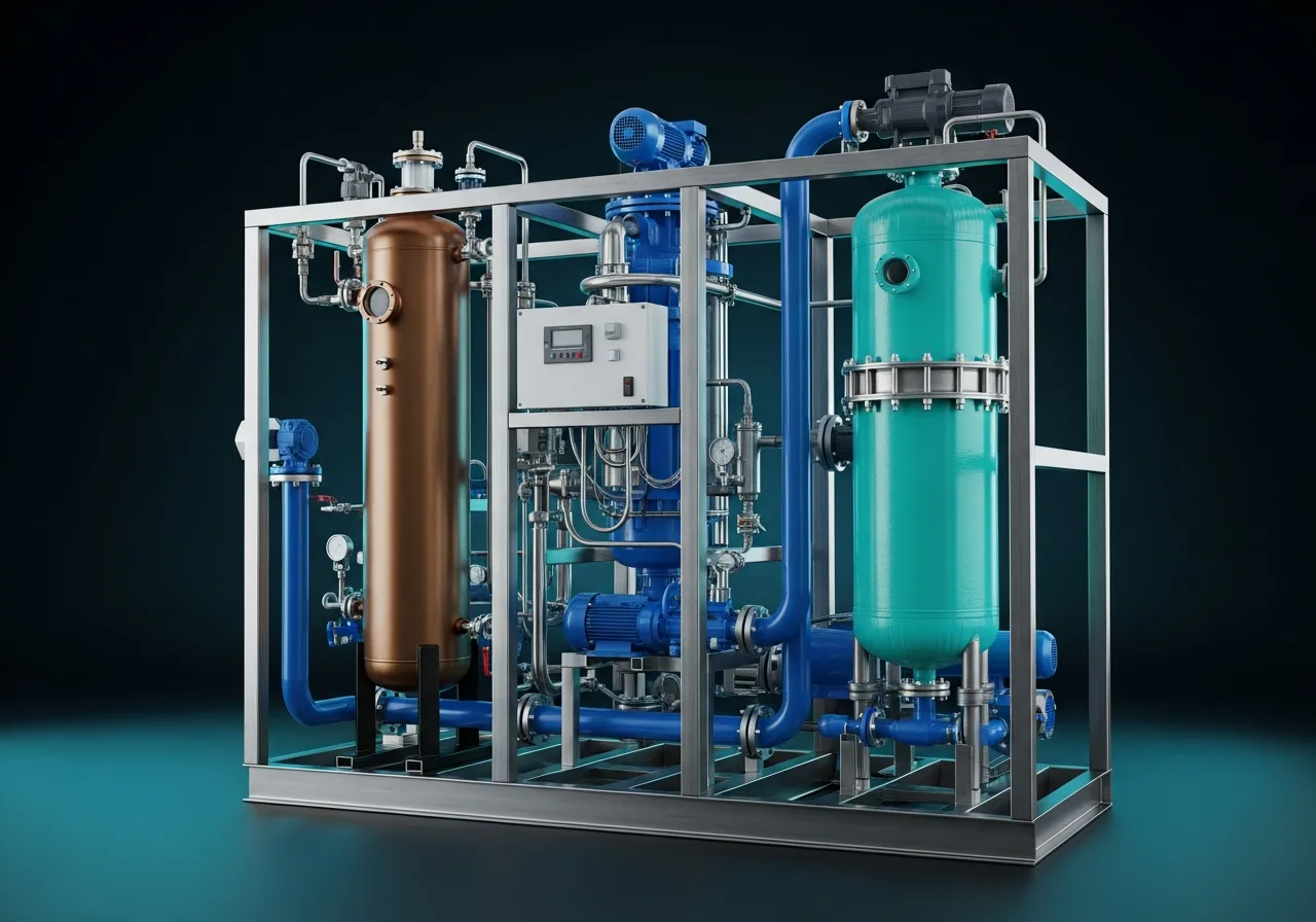 Premium 3D render of the skid-mounted CDOF unit with vessels and piping